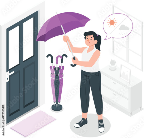 Woman holding purple umbrella near door with umbrella stand open