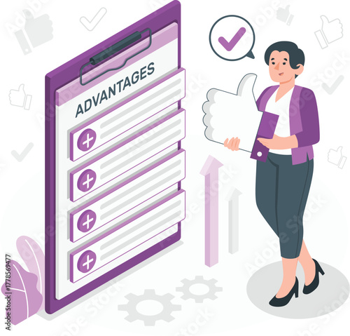 Woman holding thumbs up next to list of advantages on clipboard benefits pros