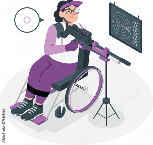 Woman in wheelchair aiming rifle at target in shooting range accuracy athlete