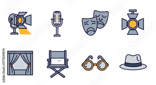 Theater Icon Set: A vibrant collection of theatre icons on a neutral canvas, each meticulously crafted to represent essential elements of the dramatic arts, from spotlights to comedy and tragedy.