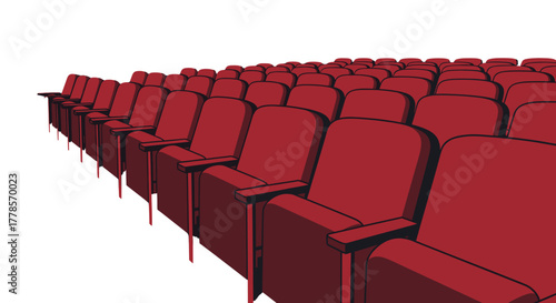 Empty Theater: Rows of vibrant red theater seats fill the frame, creating a sense of anticipation and the promise of a shared experience.