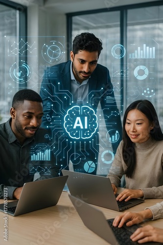 Diverse Business Team Collaborating on AI and Machine Learning Strategy with Digital Brain Hologram
