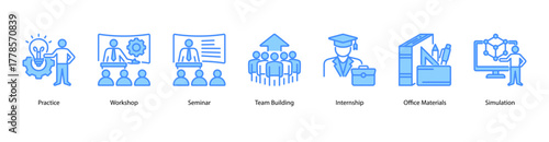 Training Essentials web banner vector illustration featuring Practice, Workshop, Seminar, Team Building, Internship, Office Materials, and Simulation. Perfect for professional education visuals.