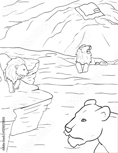 Biblical Scene Coloring Page: Daniel in the Lions' Den Line Art
