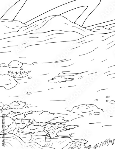 Rocky River Stream Coloring Page: Biblical David and Goliath Landscape