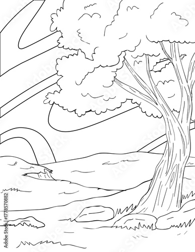 Valley Landscape with Large Tree Coloring Page: David and Goliath Scene