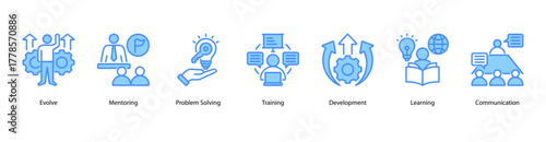 Professional Growth web banner vector illustration featuring Evolve, Mentoring, Problem Solving, Training, Development, Learning, and Communication.