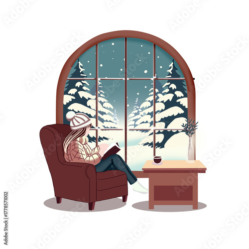 Cozy Winter Reading By Arched Window With Snowy Forest Outside
