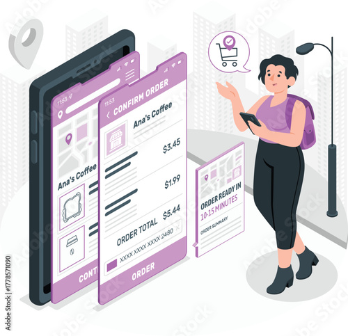 Woman ordering coffee on a smartphone app in a city vector illustration