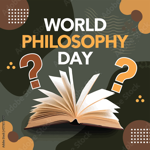 Vector art of world philosophy day observed with an open book and question marks, featuring abstract shapes and a modern design
