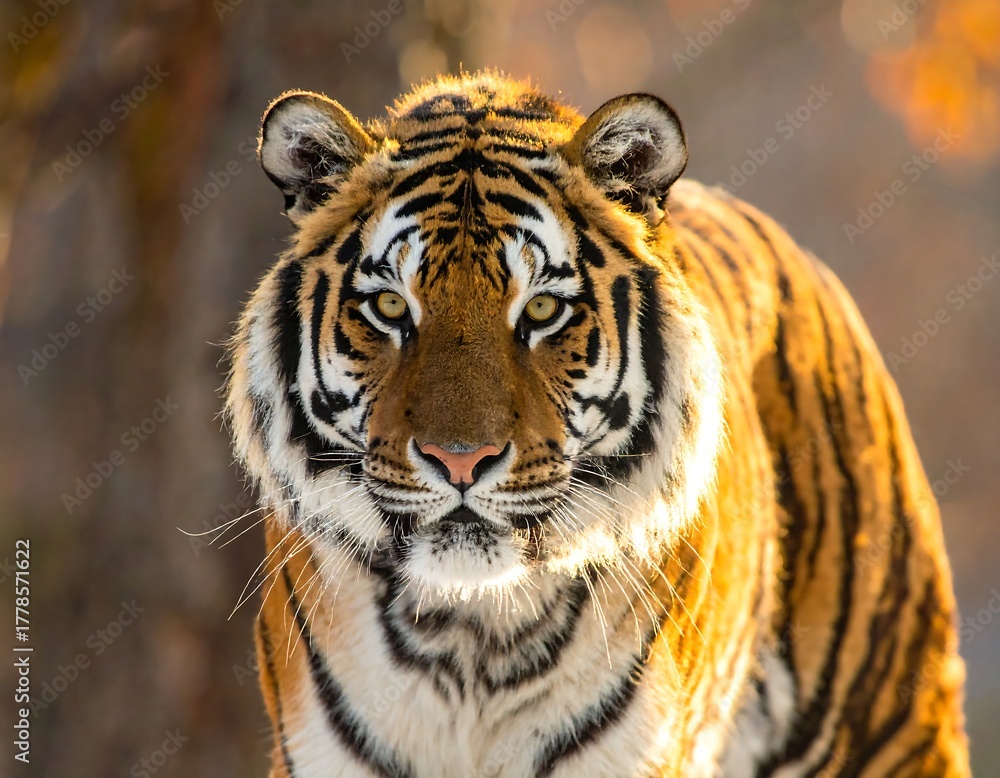 Fototapeta premium Majestic tiger stares directly at camera with sunlight backlighting