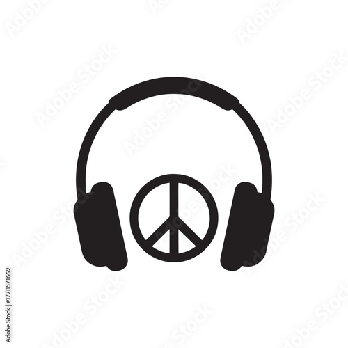Headphones with Peace Symbol Silhouette, Music and Freedom Vector Icon