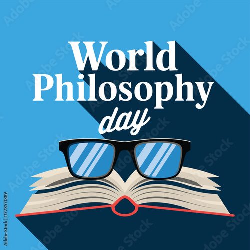 Vector art of world philosophy day depicted with an open book and eyeglasses, emphasizing the importance of reading and intellectual pursuit in understanding the world