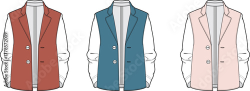 Chic double-breasted vest fashion flats collection. Technical drawing template for apparel and clothing design