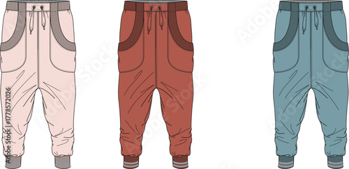 Collection of comfortable and versatile casual sweatpants in three distinct colors, featuring a relaxed fit, elastic cuffs, and drawstring waist, perfect for everyday activities or leisure wear
