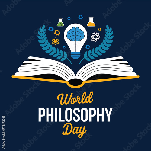 Vector art of world philosophy day celebration with an open book, a lightbulb with a brain inside, and laurel branches, symbolizing knowledge and wisdom