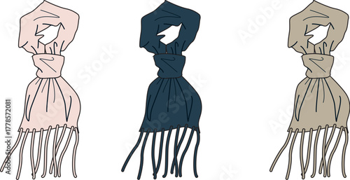 An artistic sketch collection of three stylish neckwear accessories, a simple and elegant representation of fashion scarves for clothing concepts