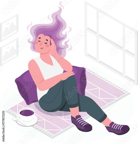 Woman Relaxing with Coffee in Cozy Room vector illustration