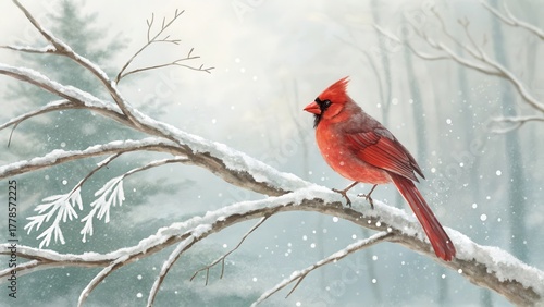 A red cardinal bird perched on a snowy winter branch