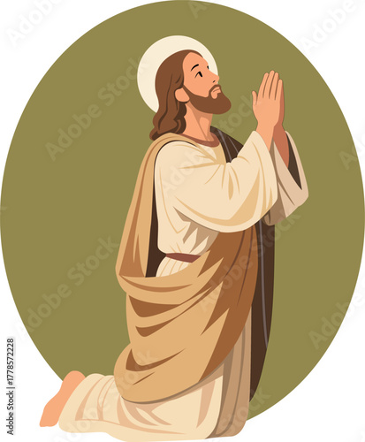 Jesus Praying on His Knees Vector Illustration – Faith and Hope Religious Art
