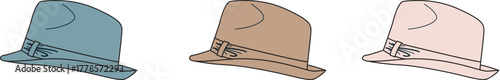 A stylish set of three classic hats in a muted color palette of blue, brown, and pink, representing variety and personal fashion choices