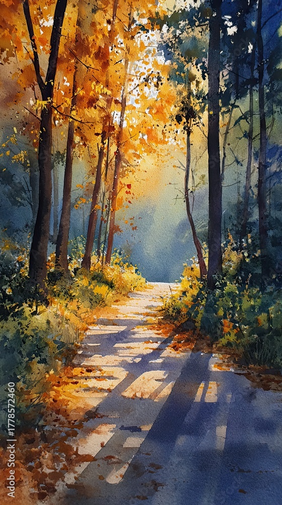 Obraz premium A serene autumn pathway illuminated by sunlight, surrounded by vibrant foliage, creating a peaceful and picturesque scene.