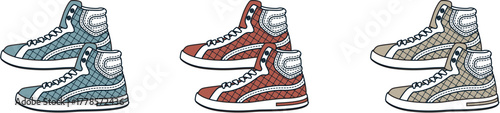 Conceptual design set of modern athletic high-top footwear, showcasing a collection of sneakers in multiple color palettes