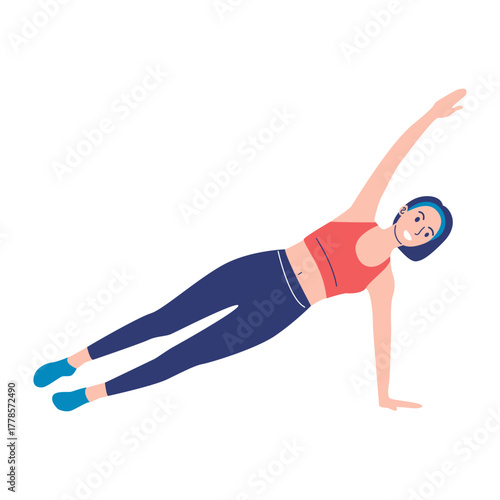 Woman performing side plank exercise with arm raised