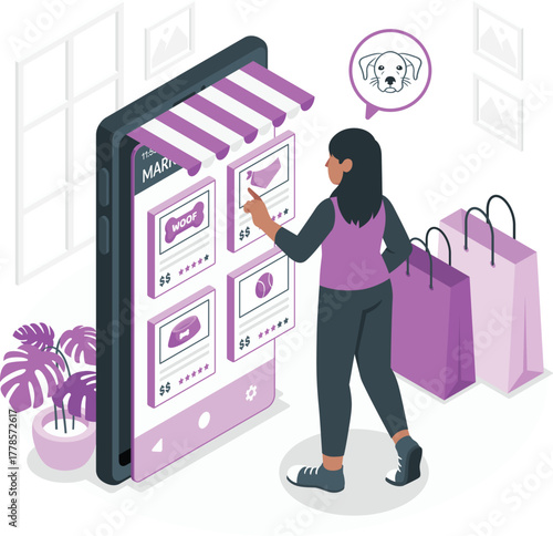 Woman shopping for pet supplies on a mobile app mobile shopping online store