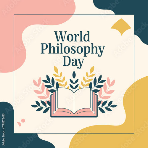 Vector art of world philosophy day artwork featuring an open book surrounded by leaves, celebrating wisdom and thought