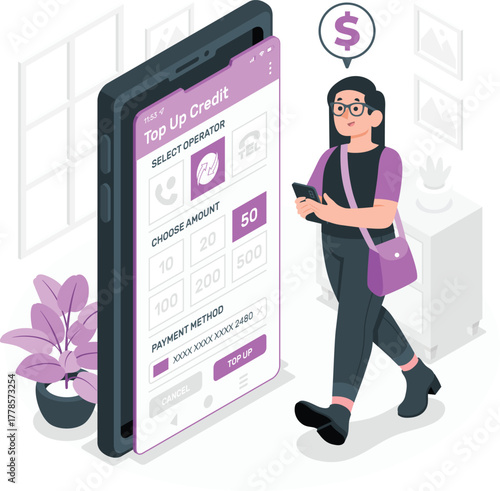 Woman topping up mobile phone credit on smartphone app person female