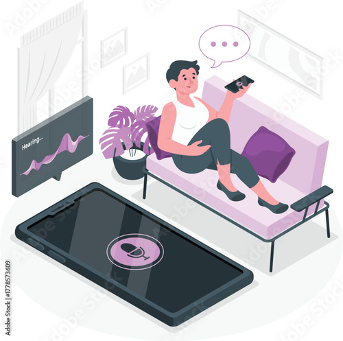 Woman using voice assistant on smartphone and smart screen at home living room