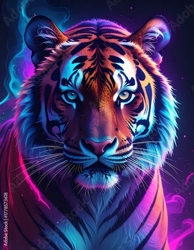 A vibrant, close-up portrait of a majestic tiger. Its face and fur are highlighted with neon blues and pinks against a dark backdrop