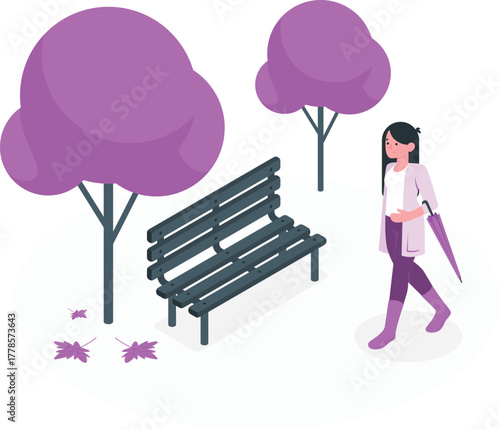 Woman walking in a park with a bench and trees vector illustration