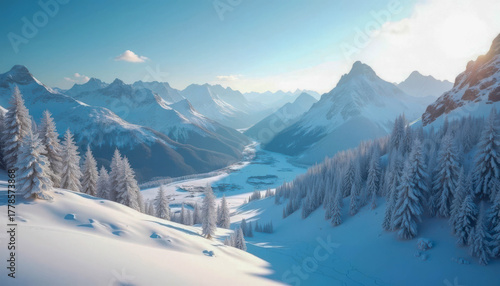Snow-covered mountains in a serene winter landscape during a clear sunny day with a peaceful valley below