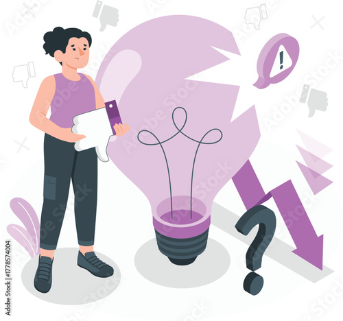 Woman with broken lightbulb and thumbs down symbols failure idea