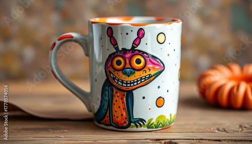 Hand-painted mug with an oddball creature and vibrant glaze ,  art,  mug