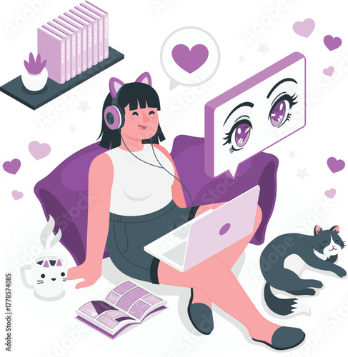 Woman with cat ears watching anime on laptop with manga and cat girl