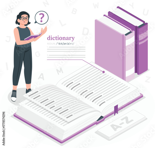Woman with open dictionary and books, surrounded by letters learning education