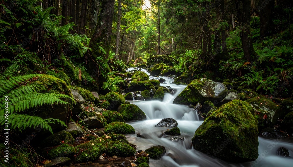Fototapeta premium A flowing stream tumbles over mossy rocks through a vibrant green forest thick with ferns and tall, dark trees