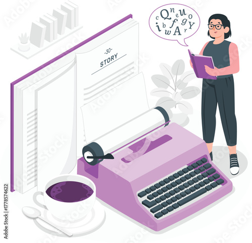 Woman writing a story with a typewriter and coffee book