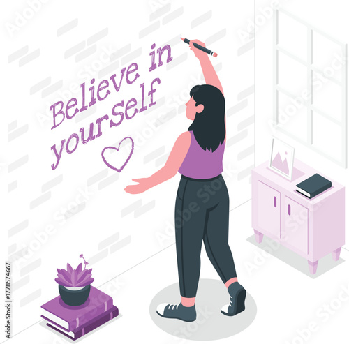 Woman writing Believe in yourself on wall with heart symbol vector illustration