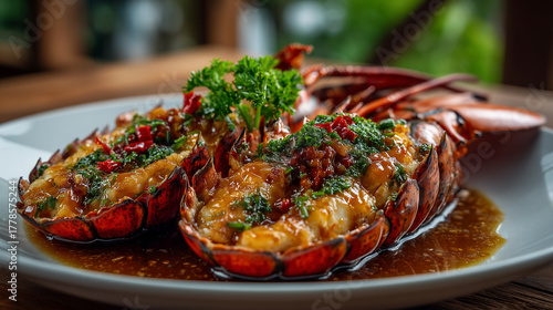 2 piece of lobster menu on the white dish , dinner meal time.
