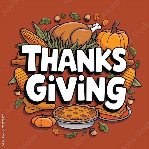 Vector art of thanksgiving illustration with a roasted turkey, corn, pumpkins, pie, and autumn leaves, celebrating the traditional harvest feast