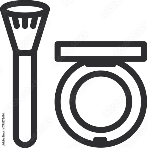 Outline vector icon of a makeup brush next to a pressed powder compact. Beauty and cosmetics symbol isolated on a white background