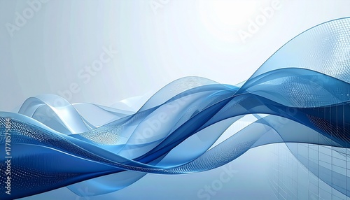 Modern corporate abstract background with gradient mesh in blue and silver tones, transparent wave shapes, and subtle grid overlay, professional and elegant