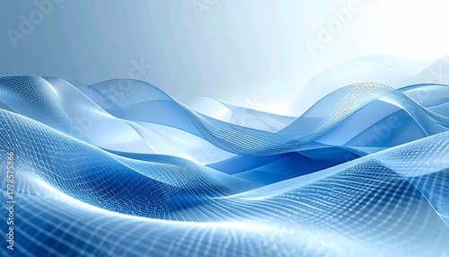 Modern corporate abstract background with gradient mesh in blue and silver tones, transparent wave shapes, and subtle grid overlay, professional and elegant