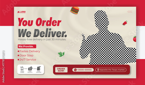 Food delivery service advertisement with man delivering pizza boxes isolated