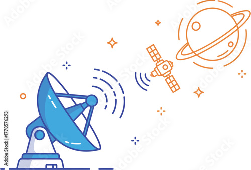 Interplanetary data relay, two-color flat vector design on white background for futuristic space technology concept