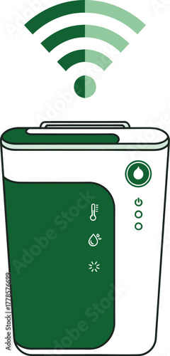 Smart compost bin with Wi-Fi signal, two-color flat vector design on white background for eco-tech concept